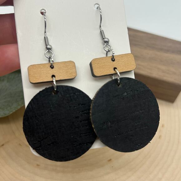 5/$25 Cork on Leather and Wood Circle Round Neutral Dangle Lightweight Earrings - Picture 4 of 4